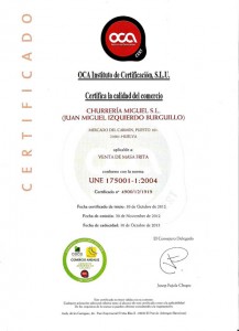 Certificado que avala la calidad de los churros de Churrería Miguel. 