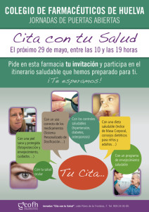 Cartel de la jornadas de puertas abiertas del Colegio de Farmacéuticos de Huelva.