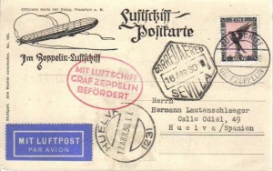 Reverso de una tarjeta postal enviada al consulado aleman en Huelva en el Graf Zeppelin