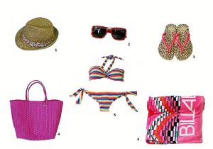 1. Sombrero Kbas de Virginia Zambrano 2. Gafas Adidas de Brutal 3. Chanclas Havaianas de Brutal 4. Canasto La Bolsa o la Vida de Lamé 5. Bikini Billabong de Brutal 6. Toalla Billabong de Brutal.