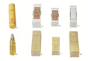 1. Champú Schwarzkopf de Profesional Version. 2. Protector cabello L'oreal de Profesional Version 3. Protector corporal de Sisley de María Eugenia 4. Protector cfacial de Sisley de María Eugenia 5. After Sun de Sisley de María Eugenia 6. Protector corporal de Kanebo de María Eugenia 7. Protector facial de Kanebo de María Eugenia 8.Bronceado sin sol de Kanebo de María Eugenia.