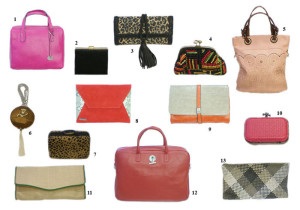 1.Bolso Mambo de Violeta Chic 2. Clutch Mambo de Violeta Chic 3. Cartera Pura López de Lulú Cancan 4. Clutch Volum de Guijarro 5. Bolso de La Lola 6. Bolso joya  Mi Gitana de Violeta Chic 7. Clutch Chesco de LLanes 8. Cartera Rebeca Sanver de Lulú Cancán. 9. Bolso Noco de Marita 10. Clutch Tantra de Logo 11. Cartera de La Lola 12. Maletín Lamarthe de Guijarro 13. Cartera Abbacino de LLanes.