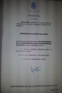 Carta del Rey aceptando la presidencia del Comité del 125 aniversario del Recre