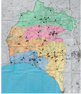 Mapa en el que se muestra la localización de los casinos de la provincia de Huelva. 