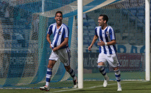 Montoro celebra el gol al Barcelona B la pasada temporada, premiado por la Peña Internauta #Recre.