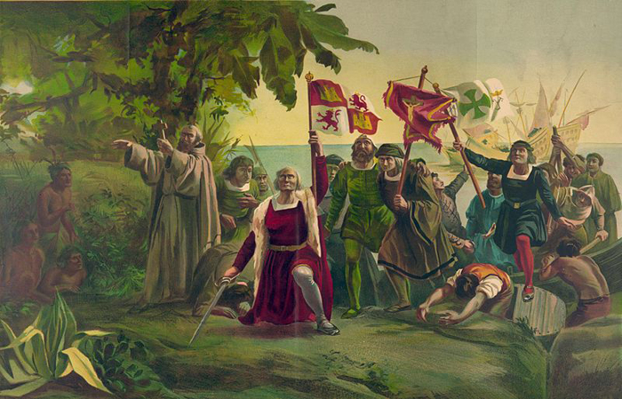 Recreación de la llegada de Colón a la isla de Guanahi.