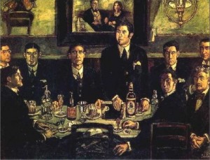 Cuadro 'La tertulia del Café Pombo' (1920), del pintor José Gutierrez Solana. En la mesa aparece una botella de Mahou, prueba de que entonces la cerveza era considerada una bebida propia de la clase intelectual, al contrario que el vino.