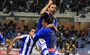 Lo mejor del Recre fue el gran gol de Linares, aunque la alegría local duró poco. / Foto: Josele Ruiz.