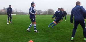 Los albiazules, durante su entrenamiento en las instalaciones de Mareo. / Foto: Gabinete de prensa del Recre.