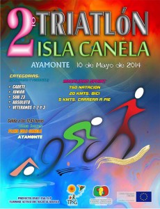 Cartel anunciador del triatlón en Isla Canela.