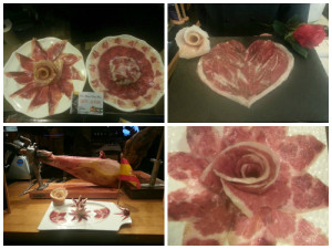 El joven cortador crea dibujos, flores y corazones con el jamón.