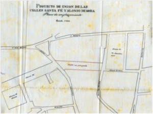 En esta planta del proyecto de 1907 de unión de Santa Fe con Las Monjas, ya no se aprecia el Palacio. Las caballerizas sabemos que fueron demolidas para la ampliación de la Plaza y el Hotel París, proyecto también de Monís de esa misma fecha, ocuparía  la práctica totalidad del solar de la desaparecida residencia de los duques.  