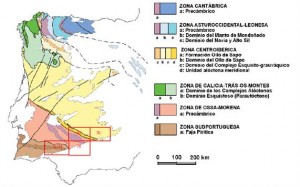 Esquema del Macizo Ibérico y situación de las hojas a escala 1:200.000 de Pozoblanco (69), Linares (70), Sevilla-Puebla de Guzmán (75-74) y Córdoba (76). Tomada de Pérez Estaúnet al. (2004).