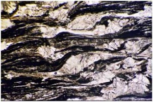 Fotomicrografía de pizarras carbonosas con andalucita, deformadas por la Zona de Cizalla Extensional de Puente Génave-Castelo de Vide. Tomada de Martín Parra et al. (2006).