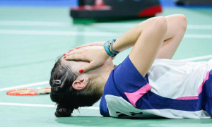 Carolina Marín, sobre la cancha del Ballerup Super Arena de Copenhague. / Foto: @teledeporte.