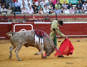 Miguel Ángel Perera, de verde hoja y oro, metisaca muy bajo, silencio; y pinchazo y estocada, ovación. 