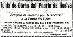 Anuncio del horario del tren de la Punta del Cebo (Sebo) en la prensa de la época.