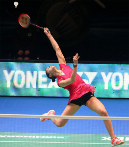 Espectacular acción de Carolina Marín en la final del torneo. / Foto: Bádminton Photo.