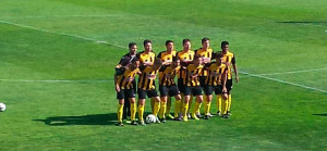 Once del San Roque en su partido ante el Real Jaén. / Foto: @Aurinegros.