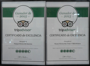 Certificados de Excelencia concedidos al Parque Minero, el Museo y el tren minero de Riotinto.