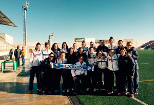 El equipo onubense, a su llegada al escenario de la final. / Foto: @sportinghuelva.