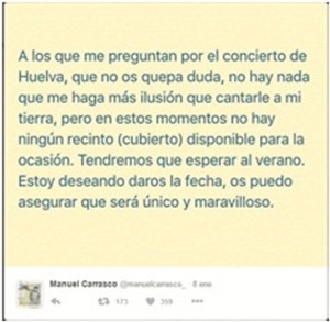 Mensaje del artista isleño en su perfil de redes sociales. / Twitter oficial de Manuel Carrasco.