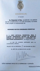 Carta del Nombramiento como Hermano Mayor Honorario al Rey Felipe VI.