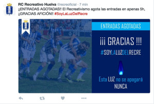 Mensaje en la cuenta de twiter del Recre en la que se comunica que las entradas se habían agotado.