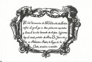 Cartela recordatoria del sacudimiento terrestre o terrremoto que sufrió Huelva en 1755.               (Dibujo de José Ángel Martínez Rodríguez).