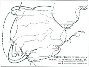 Mapa del recorrido de la primera oleada vikinga a la Península. El paso por Huelva fue obligado al venir desde Lisboa con destino a Sevilla y Córdoba. / Foto: temporamagazine.com