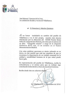 El Ayuntamiento de Villablanca ha mandado una felicitación a Francisco Martín.