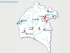 Mapa de la distribución de presas y embalses en la provincia de Huelva.