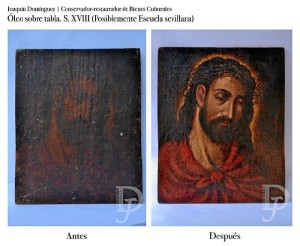 Una muestra de una restauración realizada por Joaquín Domínguez de un óleo sobre tabla, del siglo XVIII.