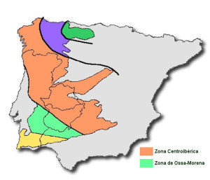 El verde corresponde a la zona de Ossa Morena.