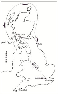 El submarino Seraph salió de la base de Blyth y llegó a la base de Holy Loch para recoger el cuerpo del marinero ahogado del Dasher (elaborado por Jesús Copeiro).