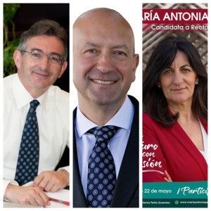 Imagen de las tres candidaturas al Rectorado en esta jornada.