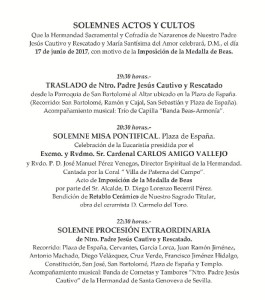 Programa de actos y cultos que se celebrarán el sábado 17 de junio. 