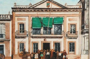       Ayuntamiento de Huelva donde ejerció su quehacer político el Sr. García Morales.       (Dibujo de Barrera). 