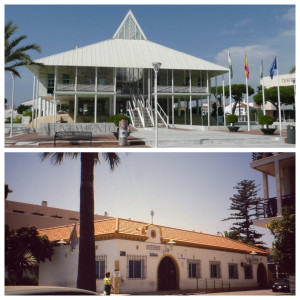El moderno edificio del actual Ayuntamiento de Punta Umbría se contrapone a la sencillez del antiguo consistorio.