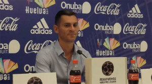 Javi Casquero en la rueda de prensa previa al partido del domingo ante el Betis B.