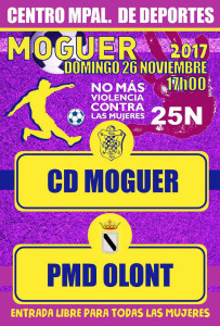 Cartel del partido Moguer-Olont, que el equipo moguereño dedicará a las víctimas del maltrato machista.