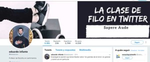 Perfil de Eduardo en Twitter a través del que lanza juegos y retos a sus alumnos con el hashtag #filoreto. / Foto: Twitter.