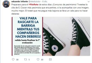 Otro de sus retos lanzado a sus alumnos por Twitter. / Foto: Twitter.