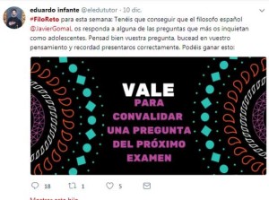 Ha elegido Twitter porque así obliga a sus alumnos a fomentar su capacidad de síntesis. / Foto: Twitter.