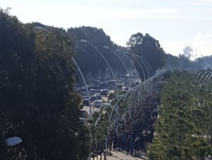 Cola formada por la mañana del sábado en la parada de autobúa para visitar el buque. / Foto: G.L