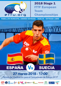 Cartel anunciador del duelo España-Suecia en Huelva, clasificatorio para el Europeo de tenis de mesa.