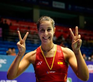 Carolina Marín, contenta tras acceder a los cuartos de final del Abierto de China. / Foto: Bádminton Photo.