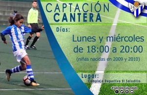 Cartel de la campaña de captación de jugadoras para el equipo de fútbol sala del Sporting Puerto de Huelva.