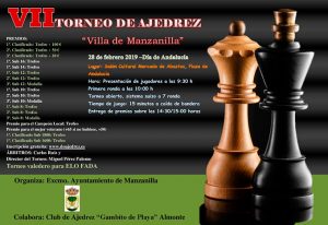 Cartel anunciador del torneo de ajedrez que se celebrará en Manzanilla el 28 de febrero.