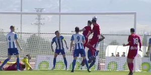 Momento del gol de Israel Puerto ante el Jumilla. / Foto: Captura imagen TV @footters.